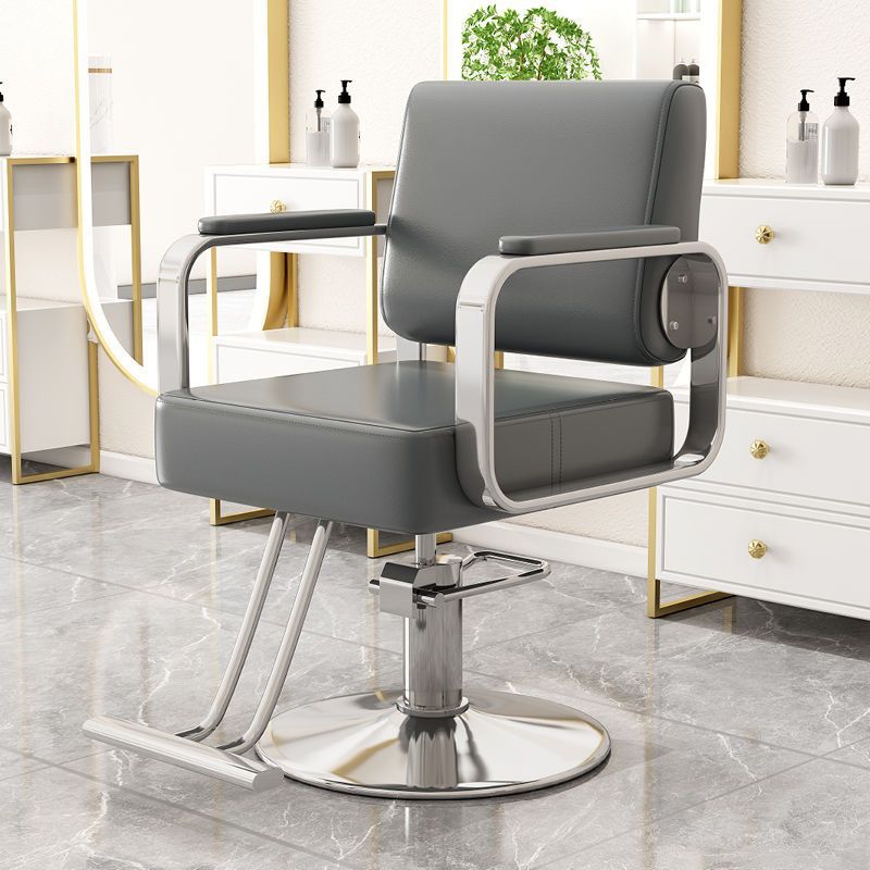Silla giratoria moderna y minimalista de acero inoxidable y hierro galvanizado en color plateado, con cuero sintético tipo napa, espuma, respaldo y reposabrazos, para sala de estar 