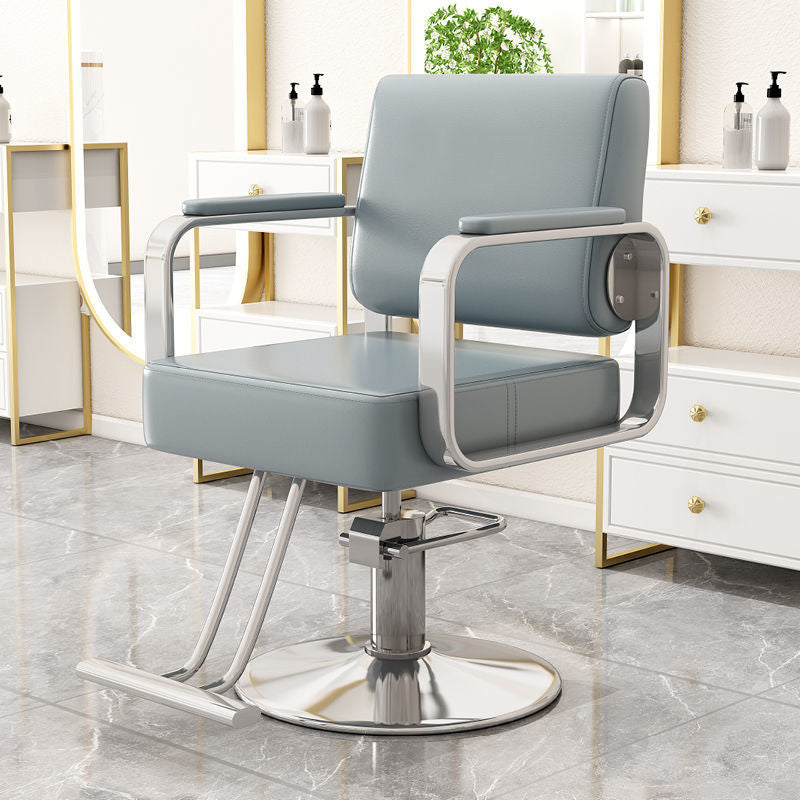 Silla giratoria moderna y minimalista de acero inoxidable y hierro galvanizado en color plateado, con cuero sintético tipo napa, espuma, respaldo y reposabrazos, para sala de estar 