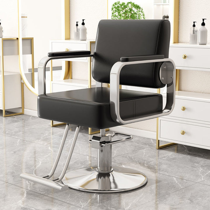Silla giratoria moderna y minimalista de acero inoxidable y hierro galvanizado en color plateado, con cuero sintético tipo napa, espuma, respaldo y reposabrazos, para sala de estar 