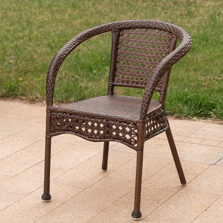 Silla de exterior moderna y minimalista de acero, plástico y ratán curvado con respaldo y reposabrazos 
