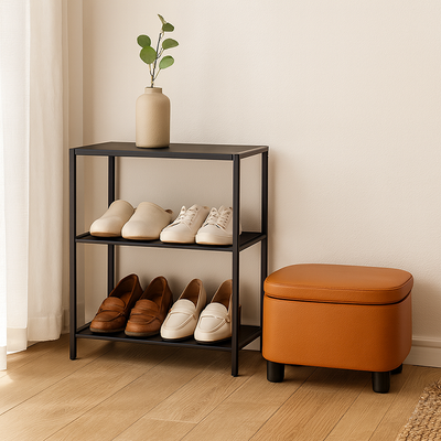 Modern Minimalist Rectangular Solid Wood Oil-Waxed Leather Sponge Footstool For Living Room