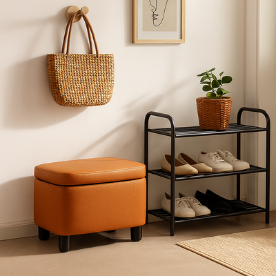 Modern Minimalist Rectangular Solid Wood Oil-Waxed Leather Sponge Footstool For Living Room