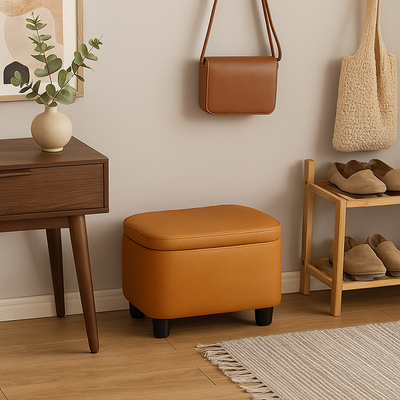 Modern Minimalist Rectangular Solid Wood Oil-Waxed Leather Sponge Footstool For Living Room