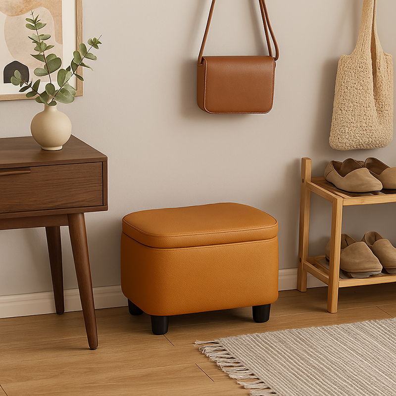 Modern Minimalist Rectangular Solid Wood Oil-Waxed Leather Sponge Footstool For Living Room
