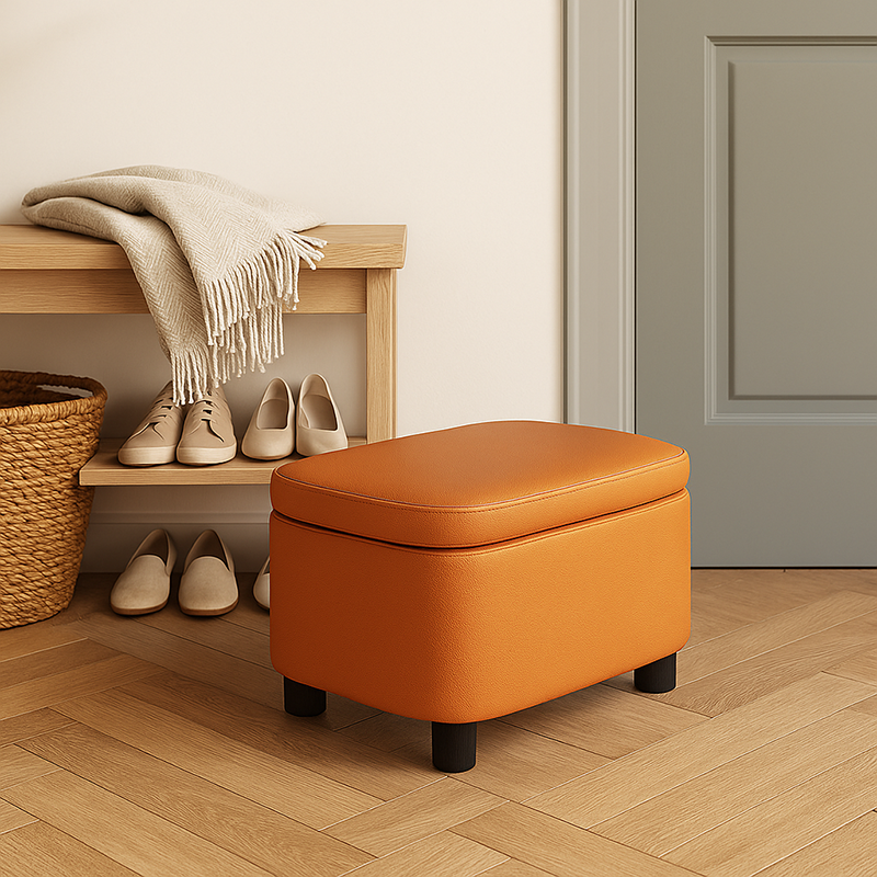 Modern Minimalist Rectangular Solid Wood Oil-Waxed Leather Sponge Footstool For Living Room