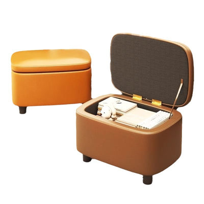 Modern Minimalist Rectangular Solid Wood Oil-Waxed Leather Sponge Footstool For Living Room