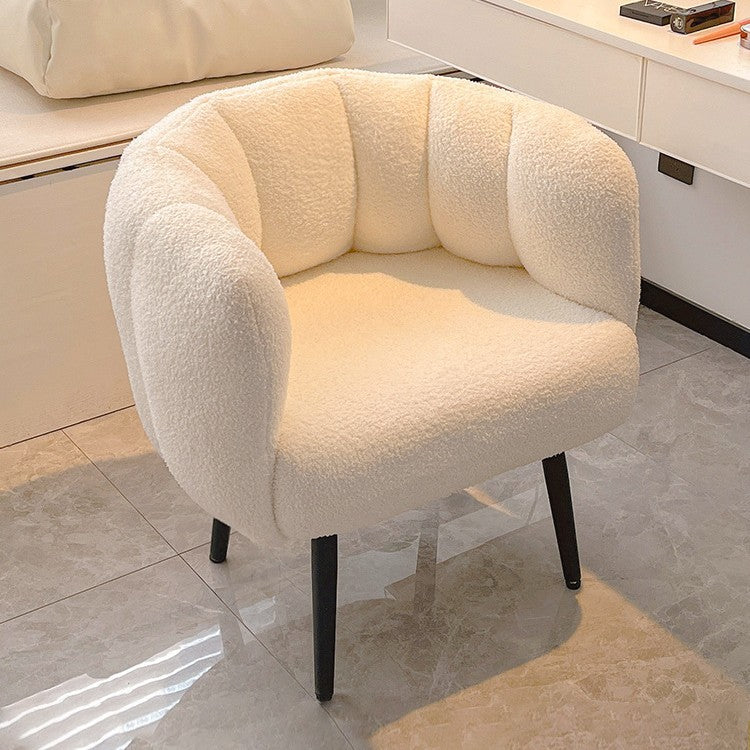 Taburete tocador moderno minimalista con cojín de asiento curvo, tela sherpa, esponja y acero al carbono, con respaldo y reposabrazos, para dormitorio 
