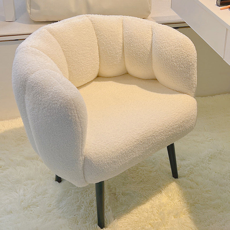 Taburete tocador moderno minimalista con cojín de asiento curvo, tela sherpa, esponja y acero al carbono, con respaldo y reposabrazos, para dormitorio 