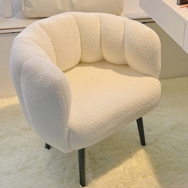 Taburete tocador moderno minimalista con cojín de asiento curvo, tela sherpa, esponja y acero al carbono, con respaldo y reposabrazos, para dormitorio 