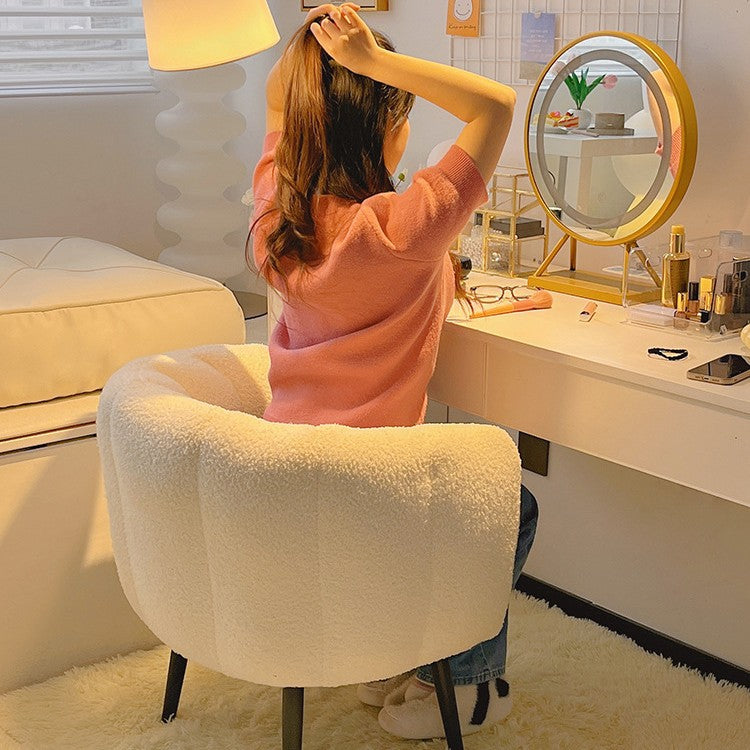 Taburete tocador moderno minimalista con cojín de asiento curvo, tela sherpa, esponja y acero al carbono, con respaldo y reposabrazos, para dormitorio 