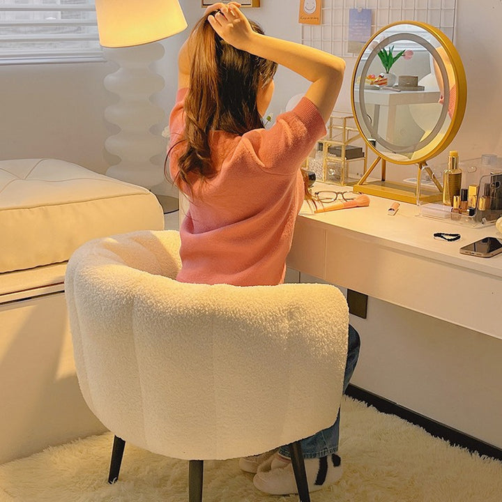 Taburete tocador moderno minimalista con cojín de asiento curvo, tela sherpa, esponja y acero al carbono, con respaldo y reposabrazos, para dormitorio 