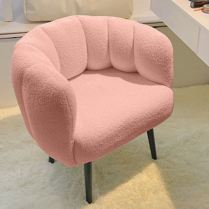 Taburete tocador moderno minimalista con cojín de asiento curvo, tela sherpa, esponja y acero al carbono, con respaldo y reposabrazos, para dormitorio 