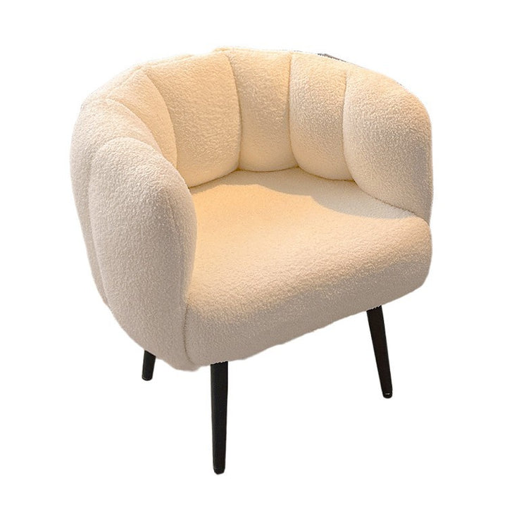 Taburete tocador moderno minimalista con cojín de asiento curvo, tela sherpa, esponja y acero al carbono, con respaldo y reposabrazos, para dormitorio 