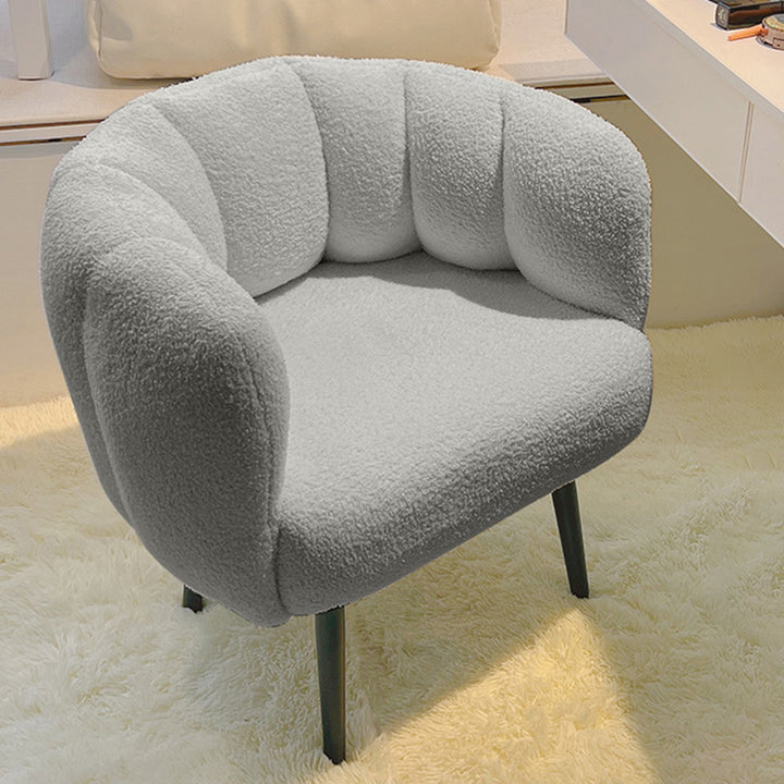 Taburete tocador moderno minimalista con cojín de asiento curvo, tela sherpa, esponja y acero al carbono, con respaldo y reposabrazos, para dormitorio 