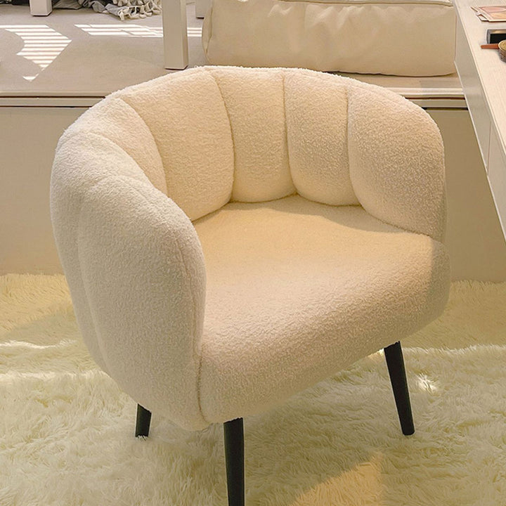 Taburete tocador moderno minimalista con cojín de asiento curvo, tela sherpa, esponja y acero al carbono, con respaldo y reposabrazos, para dormitorio 