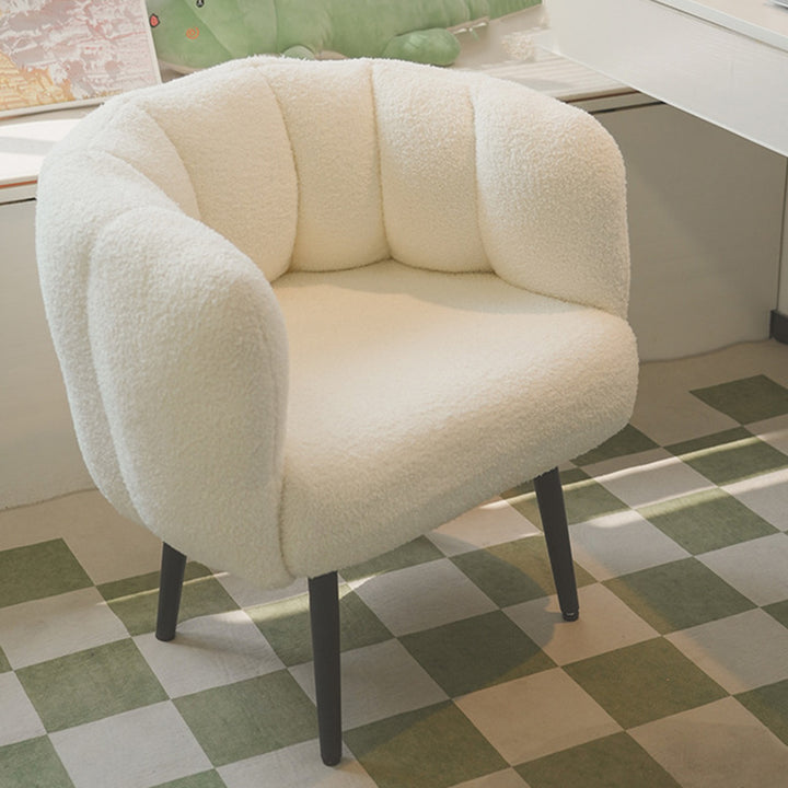 Taburete tocador moderno minimalista con cojín de asiento curvo, tela sherpa, esponja y acero al carbono, con respaldo y reposabrazos, para dormitorio 