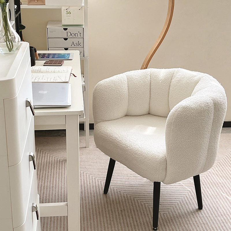 Taburete tocador moderno minimalista con cojín de asiento curvo, tela sherpa, esponja y acero al carbono, con respaldo y reposabrazos, para dormitorio 