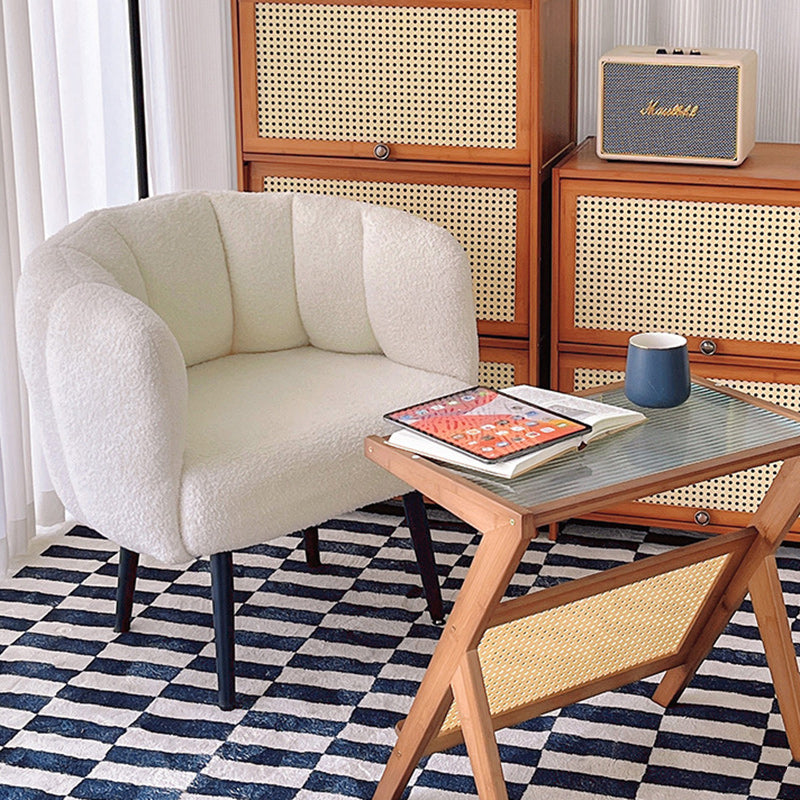 Taburete tocador moderno minimalista con cojín de asiento curvo, tela sherpa, esponja y acero al carbono, con respaldo y reposabrazos, para dormitorio 