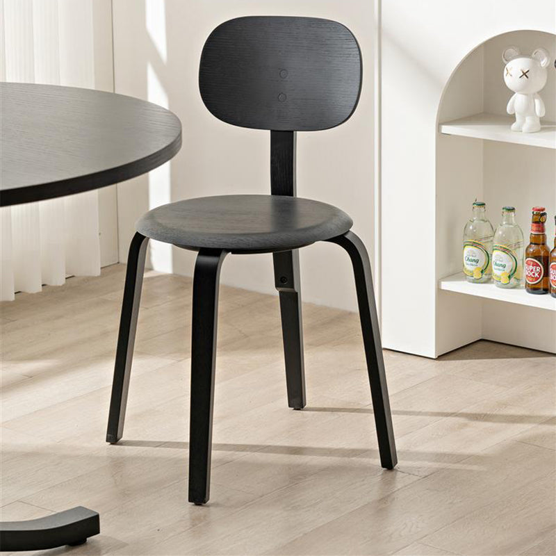Silla de comedor moderna y minimalista con asiento redondo, panel de madera curvado y respaldo para comedor 