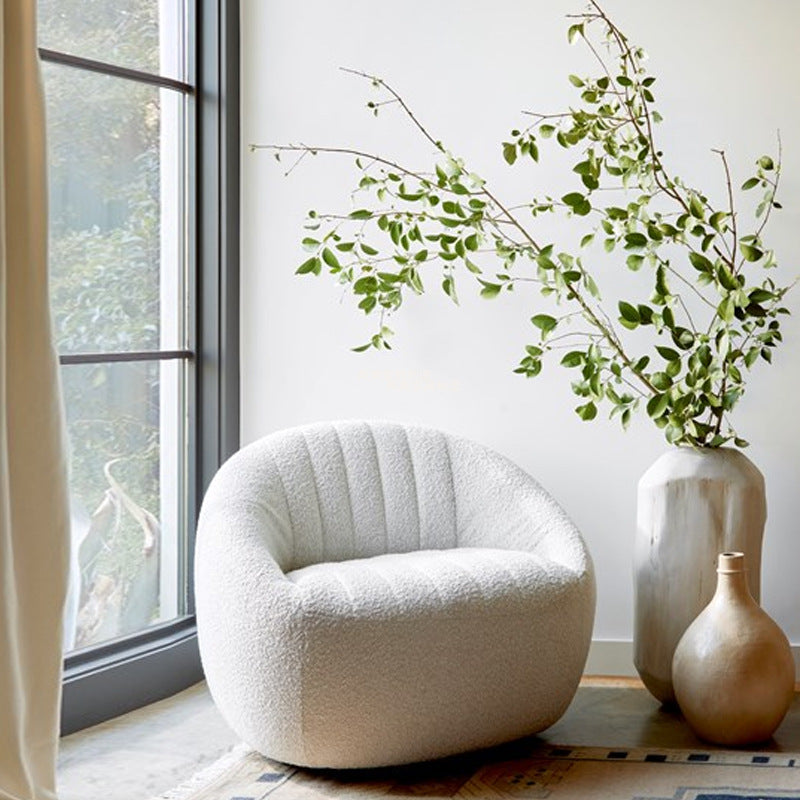 Modern Minimalist Curved Lambswool Solid Wood Sponge Accent Chair Backrest Armrest For Living Room