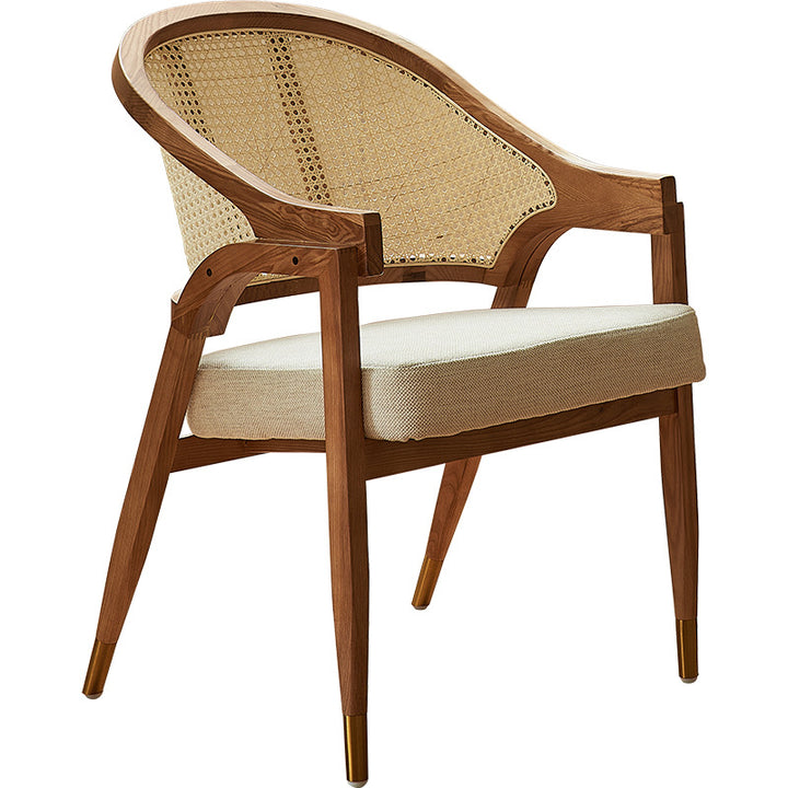 Traditionelles rechteckiges Sitzkissen im Vintage-Stil aus Eschenholz, Rattan, Baumwoll-Leinen und Schwamm mit Rückenlehne und Armlehne für Esszimmerstühle 