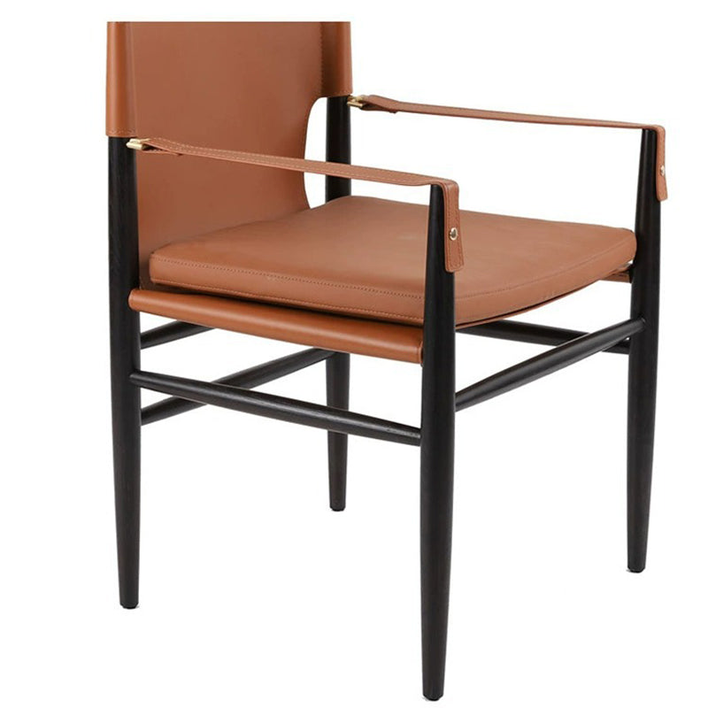 Moderner minimalistischer Esszimmerstuhl mit quadratischem Sitzkissen aus Eschenholz, Kunstsattelleder und Schaumstoff, mit Rückenlehne und Armlehnen, für das Esszimmer 