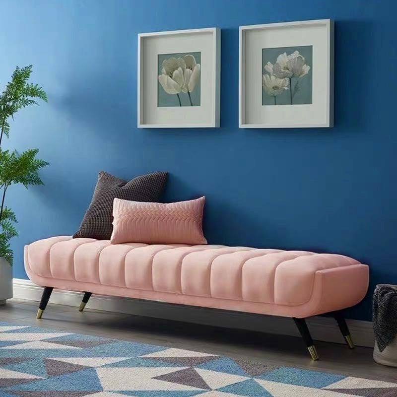 Modern Minimalist Rectangular Velvet Fabric Sponge Metal Footstool For Living Room