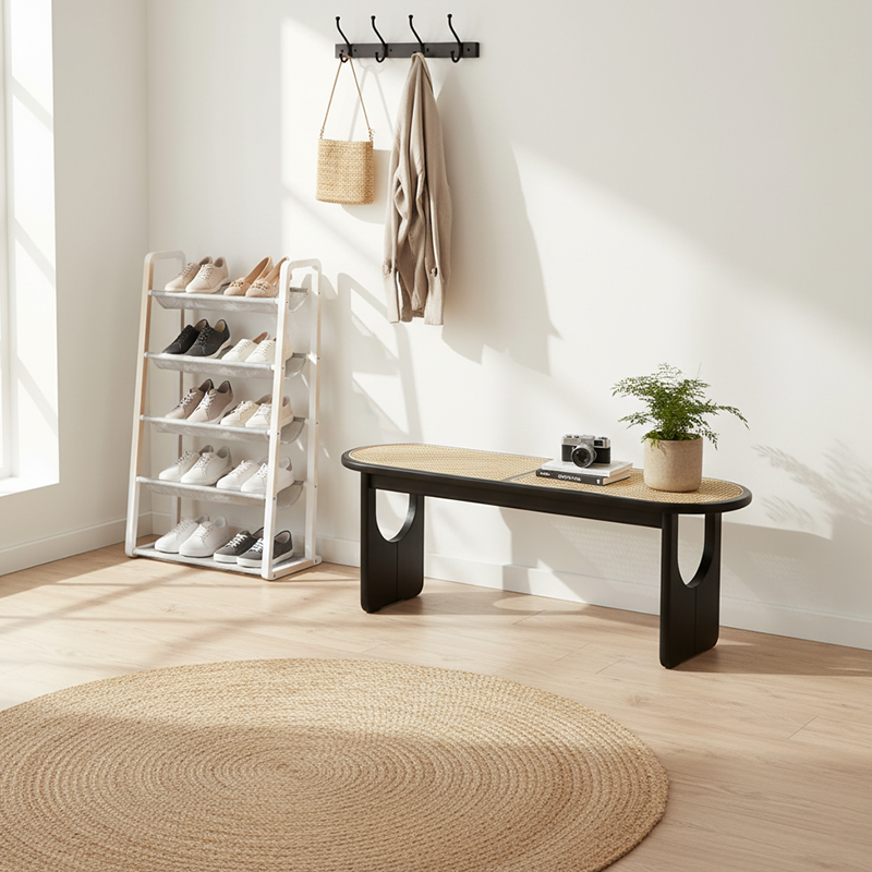 Modern Minimalist Oval Seating U-Shaped Chair Legs Solid Wood Genuine Rattan Bench For Living Room