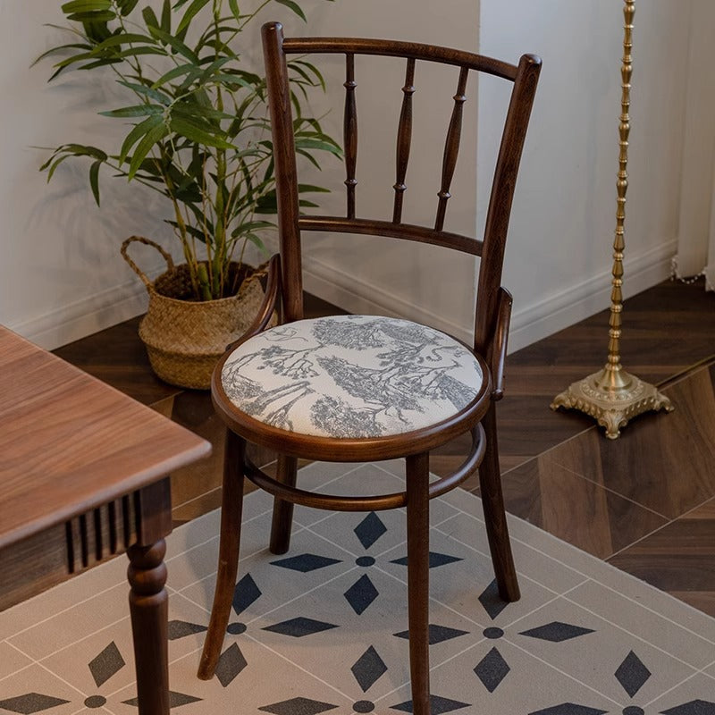 Traditioneller runder Vintage-Esszimmerstuhl mit Rückenlehne aus Buchenholz, Baumwoll-Leinen und Schwamm für das Esszimmer 