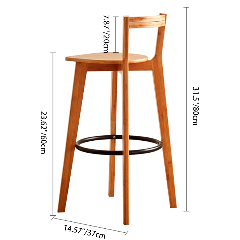 Modern Minimalist Nan Bamboo Metal Square Bar Stool Backrest Armless Footrest For Dining Room