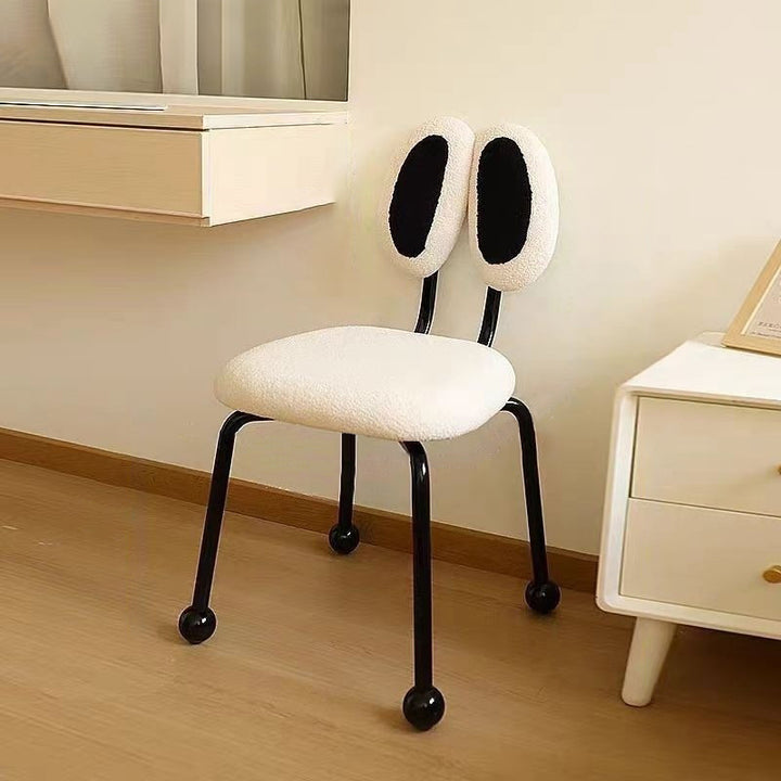 Taburete de tocador rectangular contemporáneo y creativo de hierro con tela sherpa, doble respaldo ovalado, sin brazos y giratorio para dormitorio 