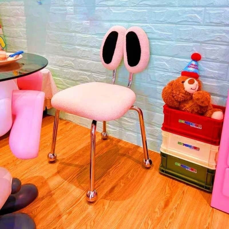 Taburete de tocador rectangular contemporáneo y creativo de hierro con tela sherpa, doble respaldo ovalado, sin brazos y giratorio para dormitorio 