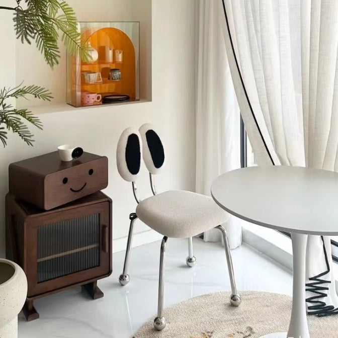 Taburete de tocador rectangular contemporáneo y creativo de hierro con tela sherpa, doble respaldo ovalado, sin brazos y giratorio para dormitorio 