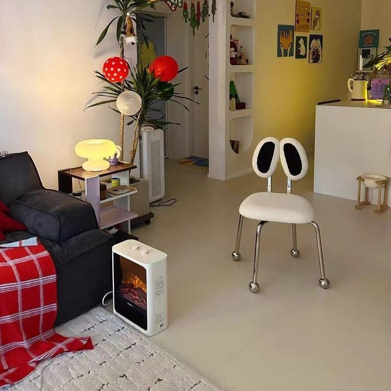 Taburete de tocador rectangular contemporáneo y creativo de hierro con tela sherpa, doble respaldo ovalado, sin brazos y giratorio para dormitorio 