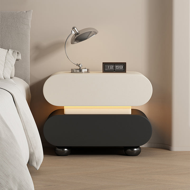 Moderna Creativa Apilada Rectángulo Redondeado Cuero Sintético Madera Sensor Luz Mesita de Noche 2 Cajones Para Dormitorio 
