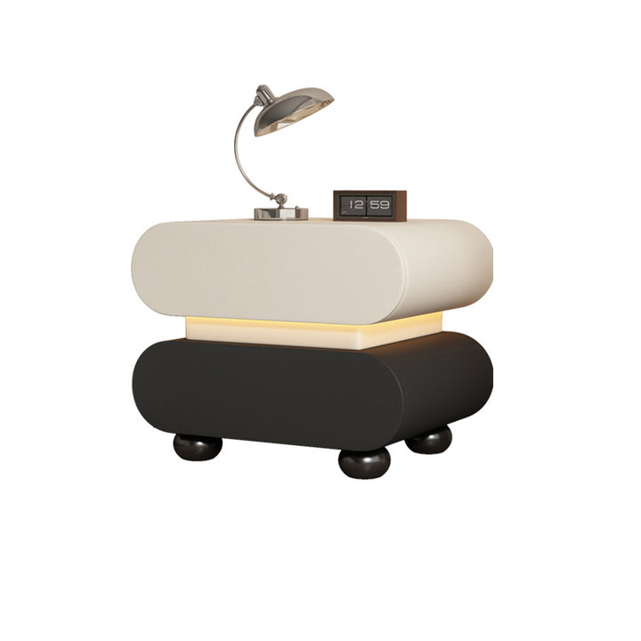 Contemporary Creative Stacked Rounded Rectangle Faux Leather Wood Sensor Light Nightstand 2-Drawer For Bedroom