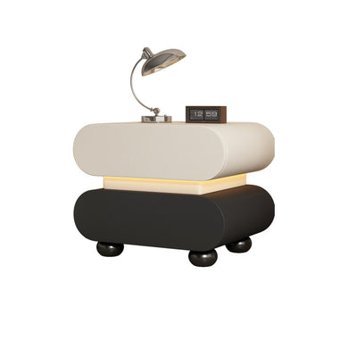 Contemporary Creative Stacked Rounded Rectangle Faux Leather Wood Sensor Light Nightstand 2-Drawer For Bedroom