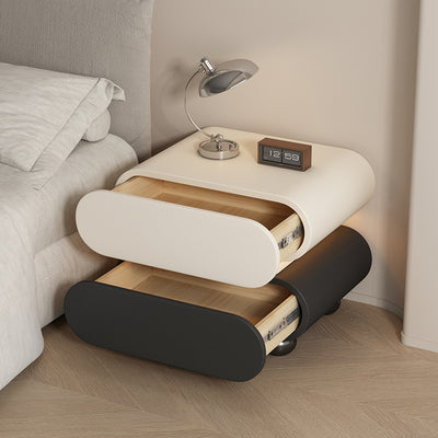 Contemporary Creative Stacked Rounded Rectangle Faux Leather Wood Sensor Light Nightstand 2-Drawer For Bedroom