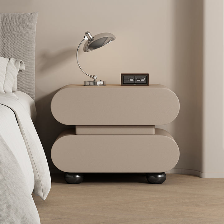 Moderna Creativa Apilada Rectángulo Redondeado Cuero Sintético Madera Sensor Luz Mesita de Noche 2 Cajones Para Dormitorio 