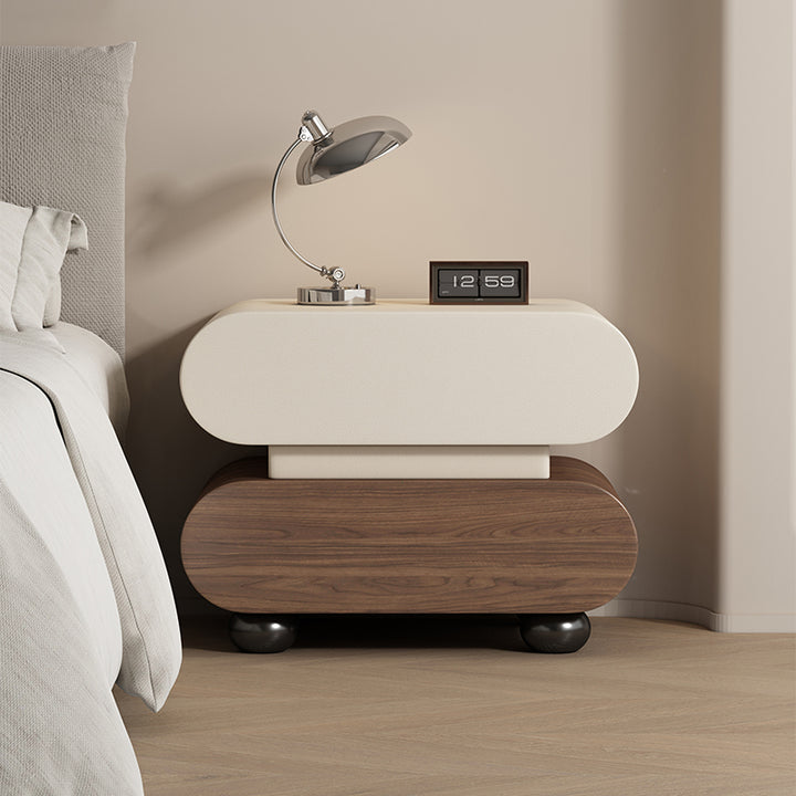 Moderna Creativa Apilada Rectángulo Redondeado Cuero Sintético Madera Sensor Luz Mesita de Noche 2 Cajones Para Dormitorio 