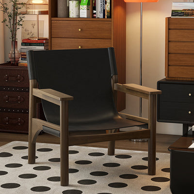 Modern Mid-century Saddle Leather Ash Wood Rectangular Accent Chair Backrest Armrest For Living Room