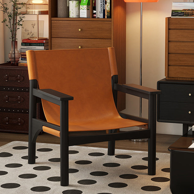Modern Mid-century Saddle Leather Ash Wood Rectangular Accent Chair Backrest Armrest For Living Room