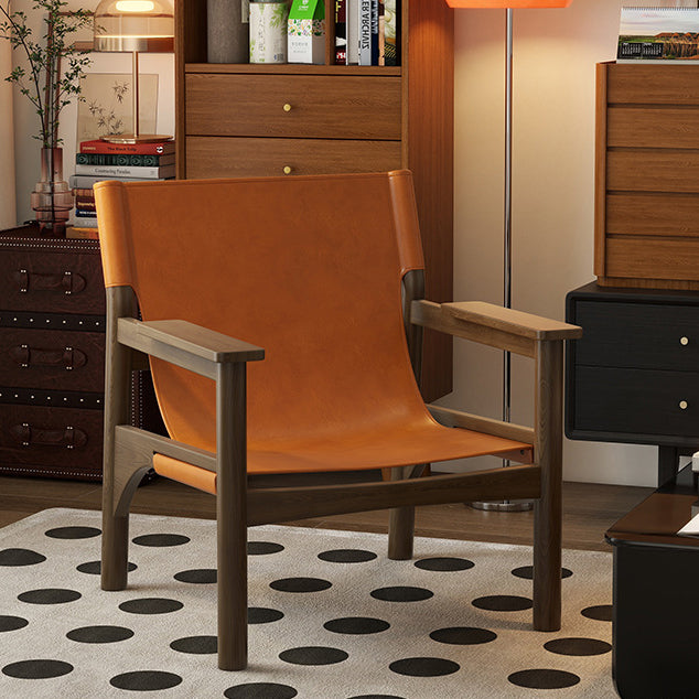 Modern Mid-century Saddle Leather Ash Wood Rectangular Accent Chair Backrest Armrest For Living Room