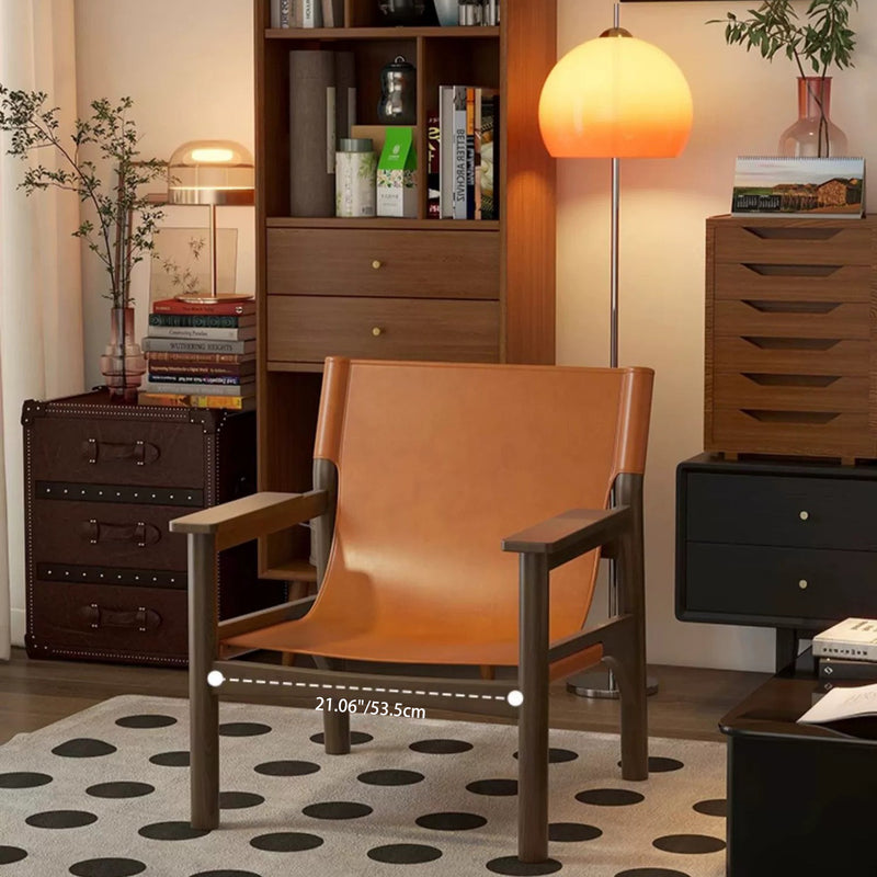 Modern Mid-century Saddle Leather Ash Wood Rectangular Accent Chair Backrest Armrest For Living Room