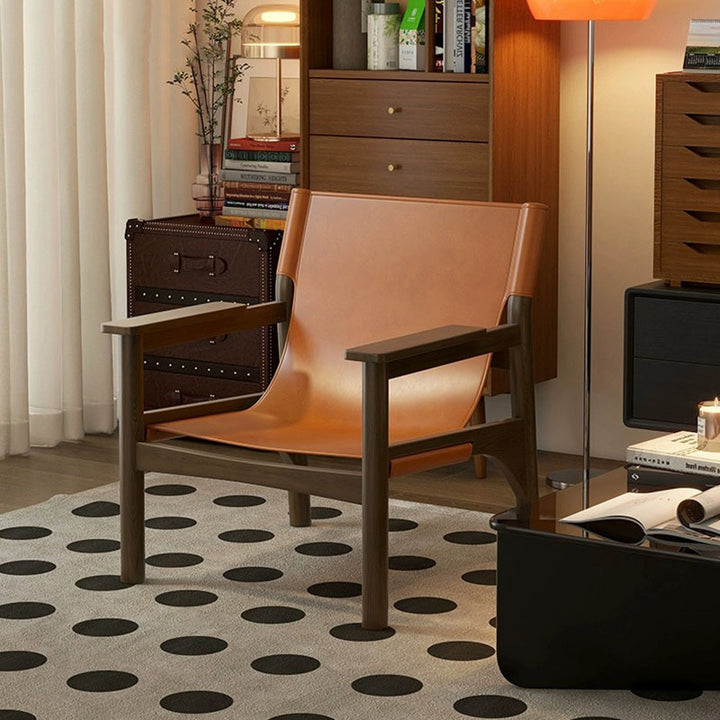 Moderner Mid-Century Sattel Leder Eschenholz Rechteckiger Akzentstuhl Rückenlehne Armlehne Für Wohnzimmer 