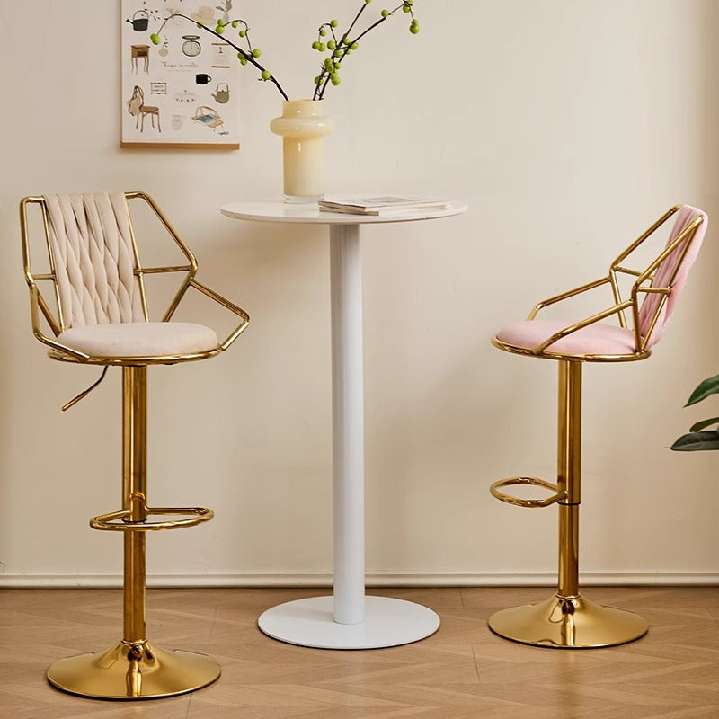 Modern Luxury Velvet Sponge Steel Frame Curved Bar Stool Backrest Armrest Swivel For Living Room