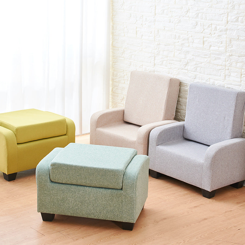 Moderner minimalistischer niedriger Hocker aus Kunstfaser-Leinen, Schwamm, Massivholz und Kunststoff, rechteckig, mit Rückenlehne, ohne Armlehnen, für das Wohnzimmer 