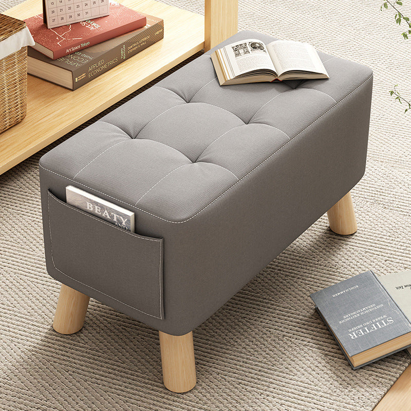 Modern Minimalist Linen Oil-Waxed Leather Solid Wood Rectangle Low Stool Backless Armless For Living Room