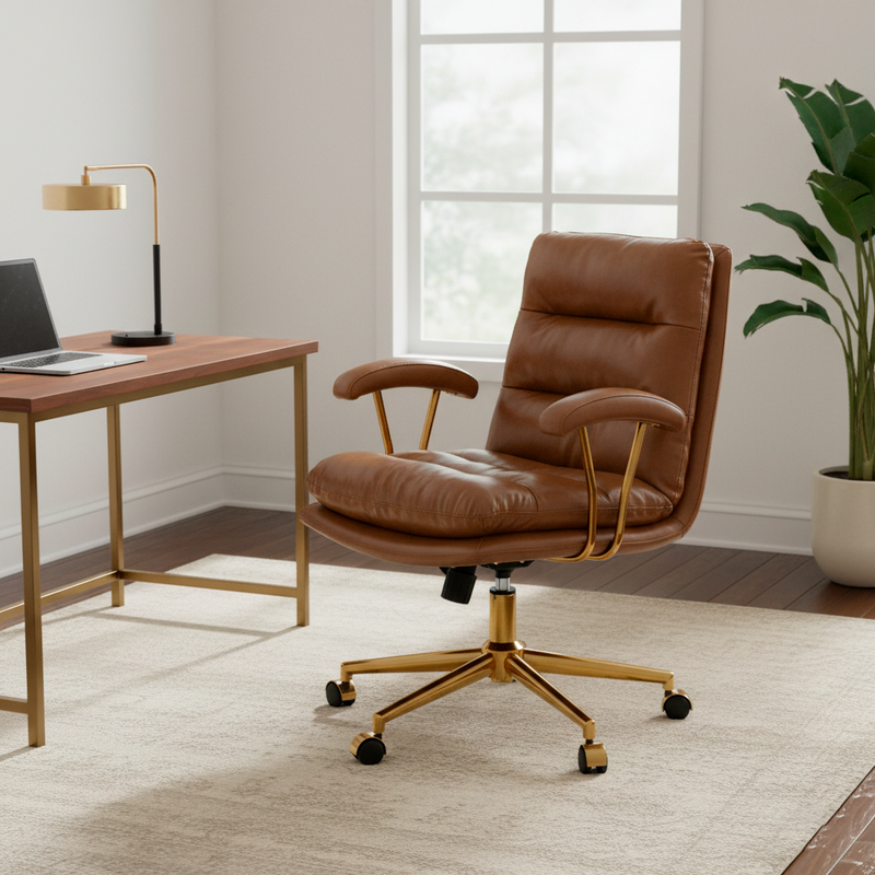 Modern Minimalist PU Leather Top-grain Leather Metal Mid-Back Swivel Height Adjustable Desk Chair Backrest Armrest For Home Office