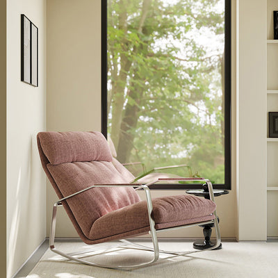 Modern Mid-century Chenille Stainless Steel Sponge Down Curved Rocking Chair Backrest Armrest For Living Room